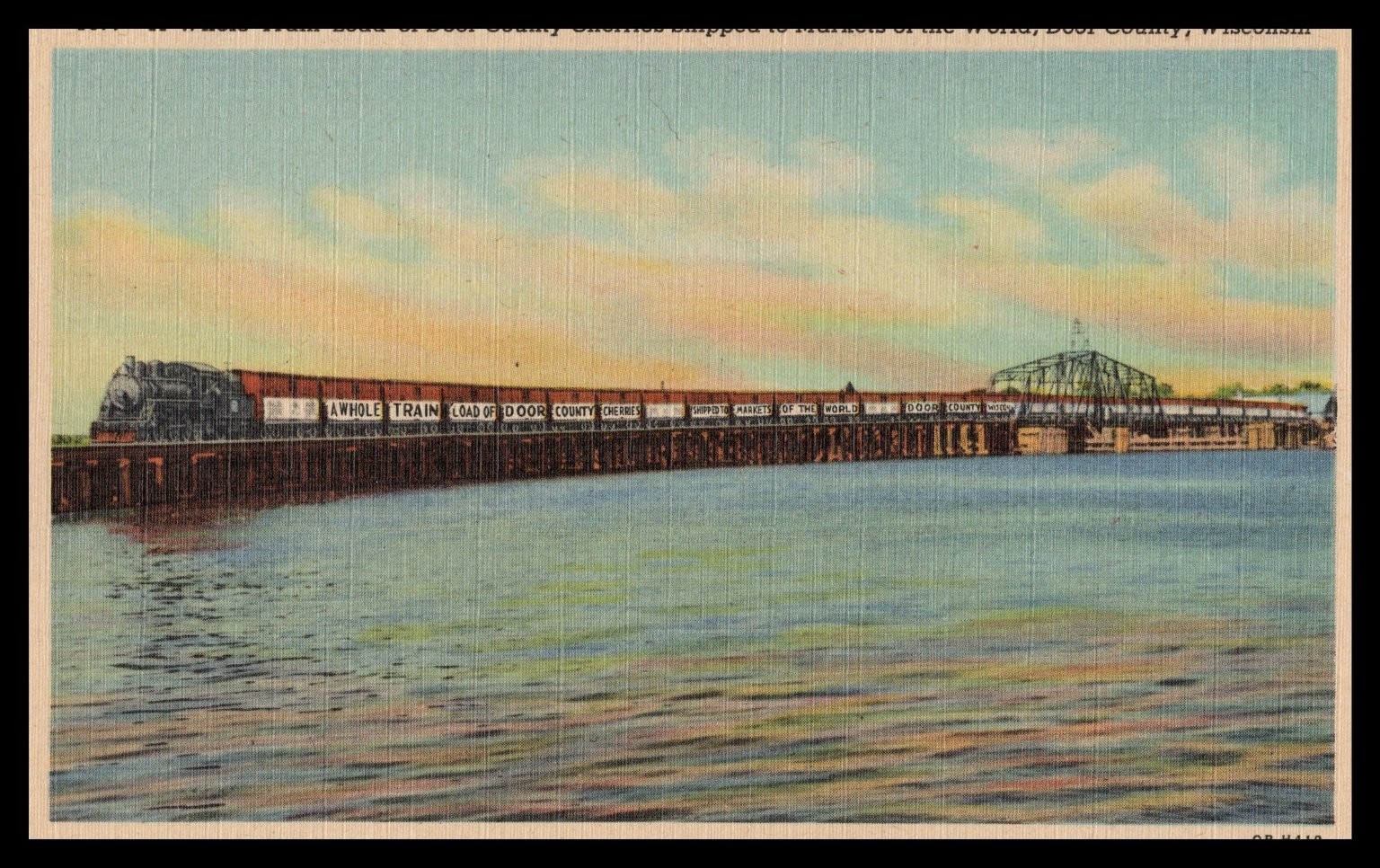 Vintage Curteich-Chicago Postcard Door County Wisconsin Cherry Train Railroad