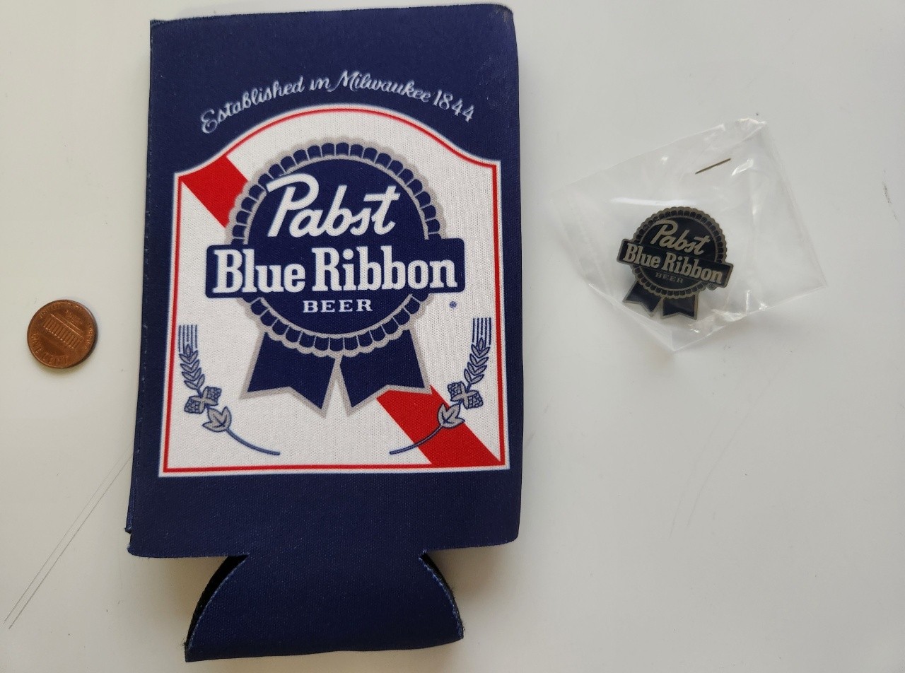 Pabst Blue Ribbon Beer 16oz Koozie & Enamel Metal Pin Flawless NEW Old Stock