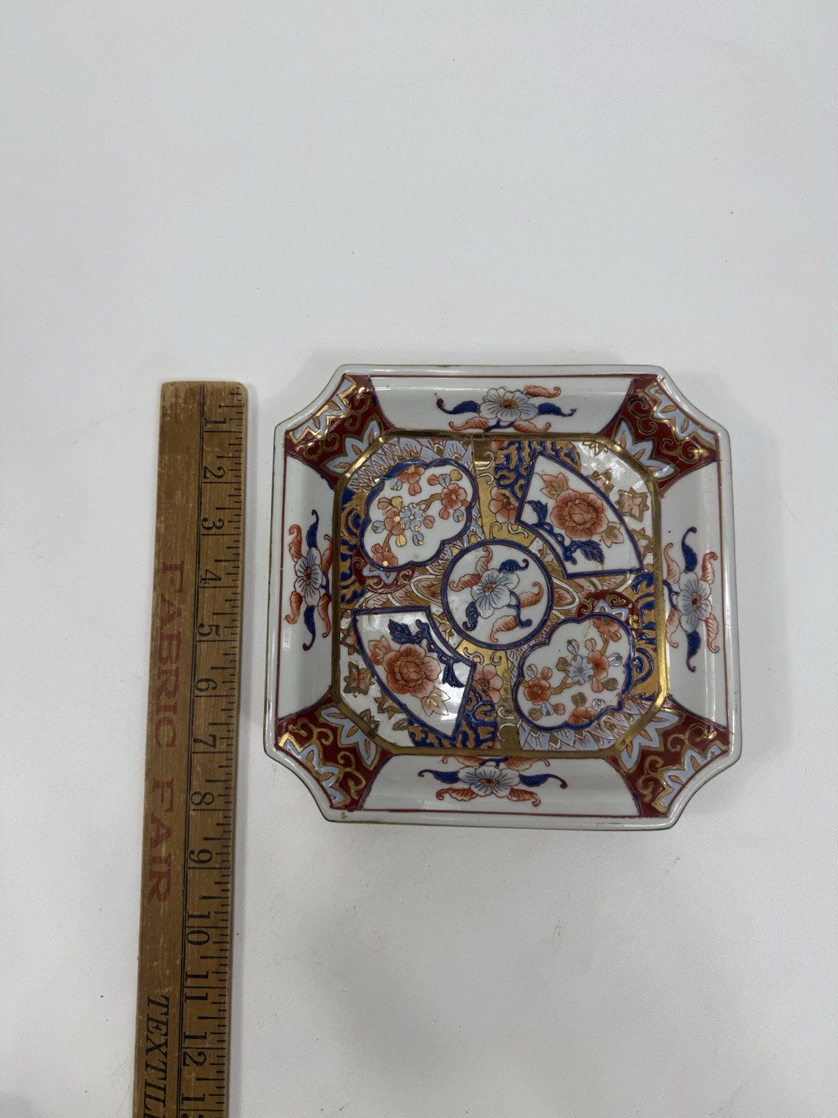 Vintage Japanese Imari Style Porcelain Square Plate Floral Red Blue Gold Decor