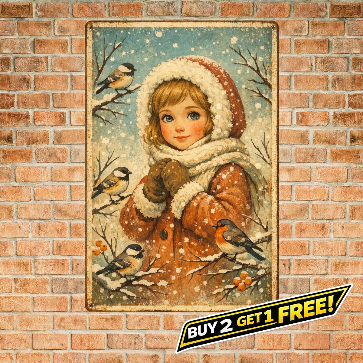 Birds in the Snow Metal Sign 8x12 Winter Nature Scene Wall Art Plaque
