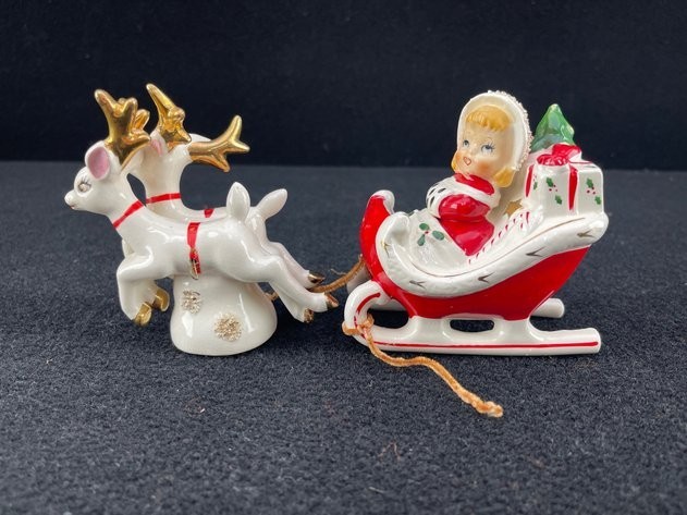 Vtg 1950s Relco Christmas Candy Cane Shopper Girl Sleigh 2 Reindeer Foil Label Vtg 1950s Relco Christmas Candy Cane Shopper Girl Sleigh 2 Reindeer Foil Label