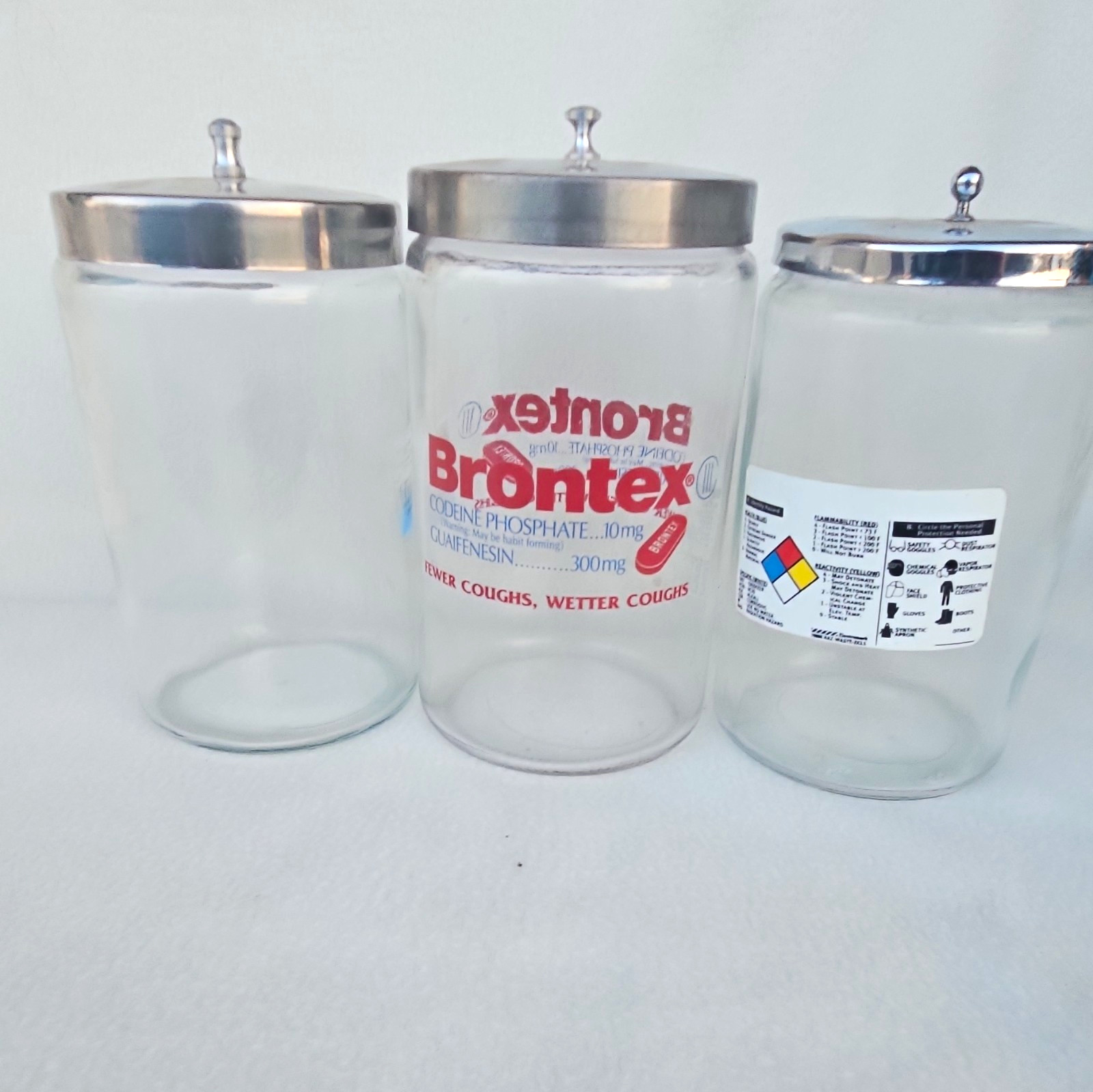 Lot of 3 Vintage Glass Apothecary Medical Jars w/ Metal Lids, Brontex