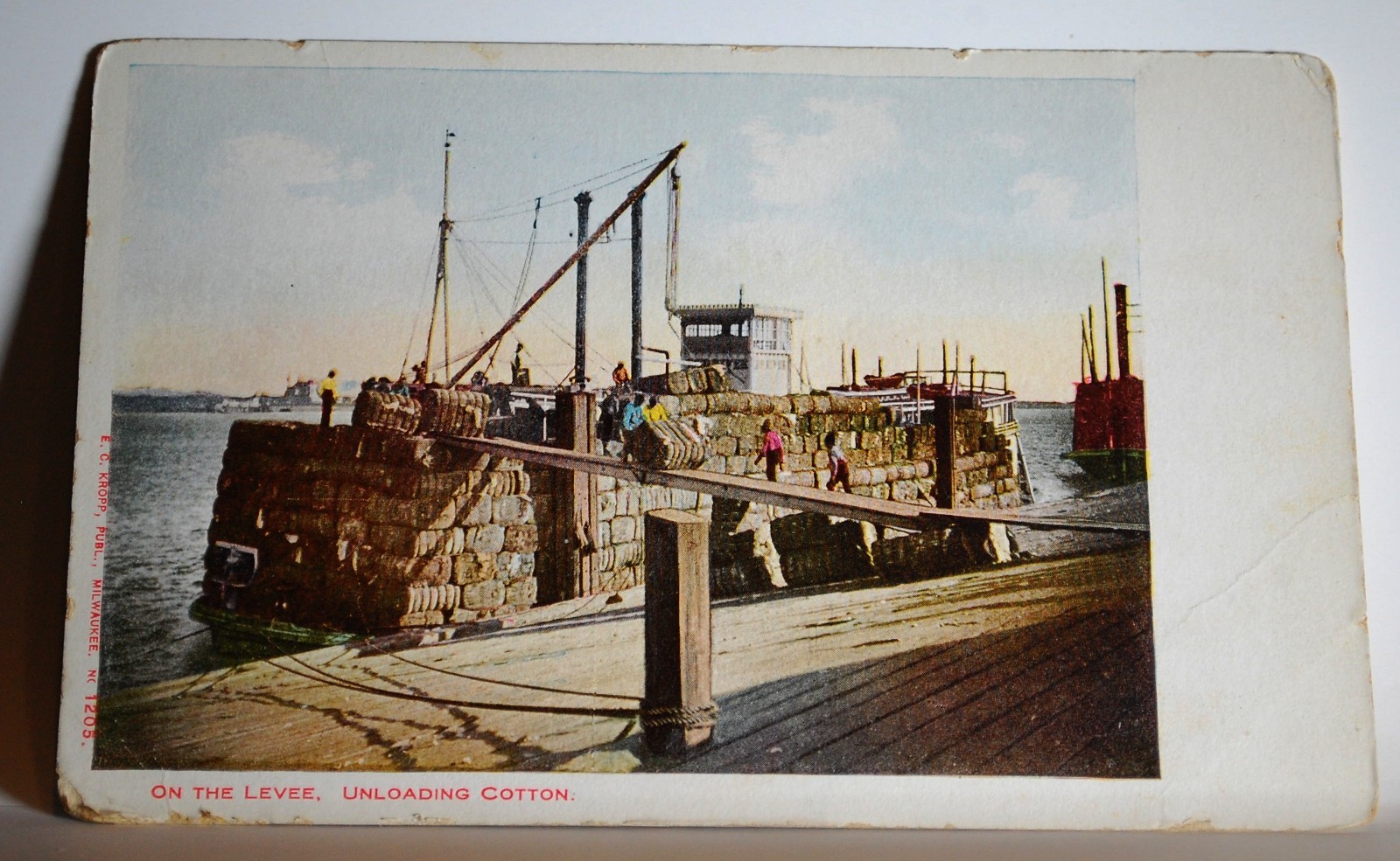 On the Levee Unloading Cotton vtg Postcard