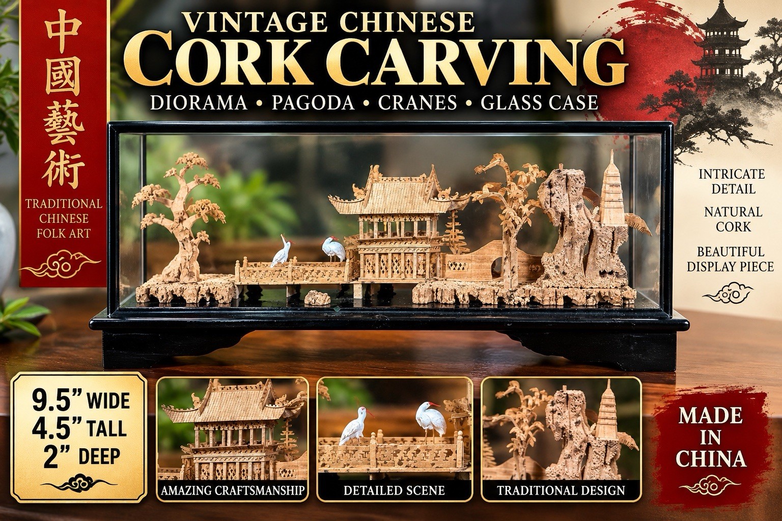 VTG Chinese Fuzhou Cork Carving Diorama Pagoda Cranes Glass Case 9.5”L & 4.5”T