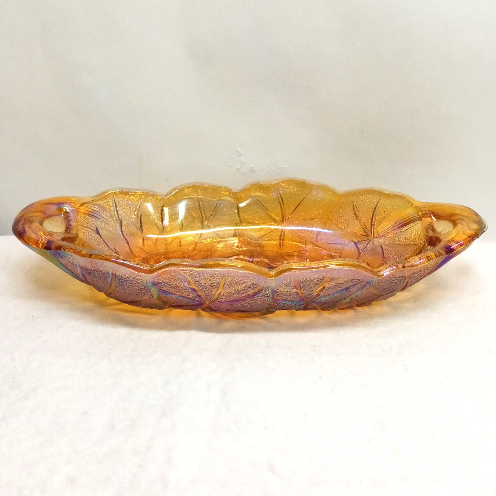 VTG MCM Indiana Glass Amber Marigold Carnival Lily Pons Flowers Oval Relish Dish