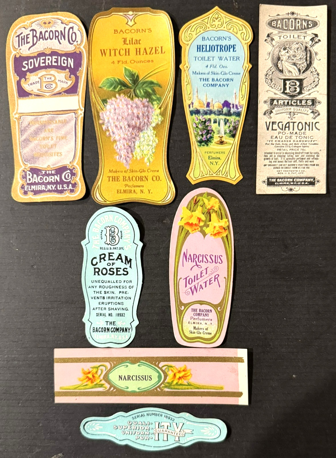 Vintage Lot of Six (6) Bacorn Company Perfume Labels \