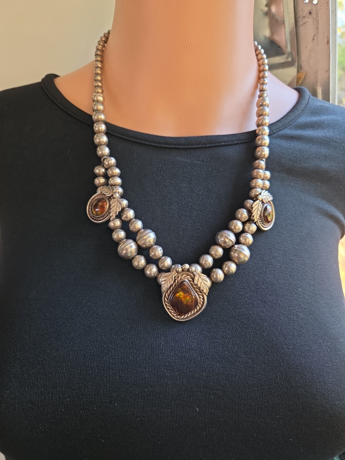 Vintage Navajo HJJ Sterling Silver Pearl Multi-Strand Fire Agate Statement...