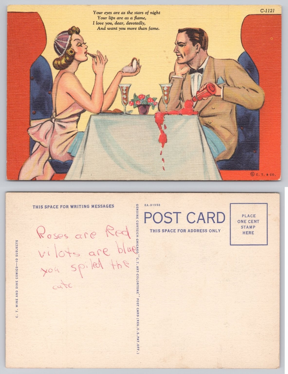 Vintage Curteich Linen Postcard: Romantic Poem, Ketchup Spill Comic Art 1948