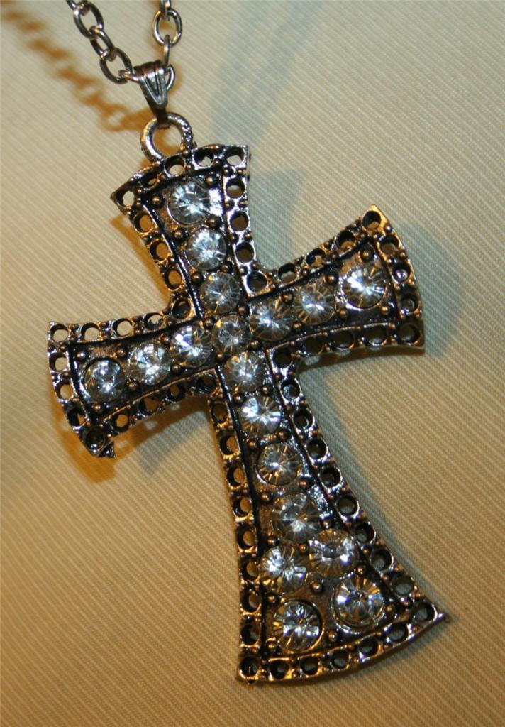 Sparkling Circle Rimmed Silvertone White Rhinestone Cross Pendant Necklace