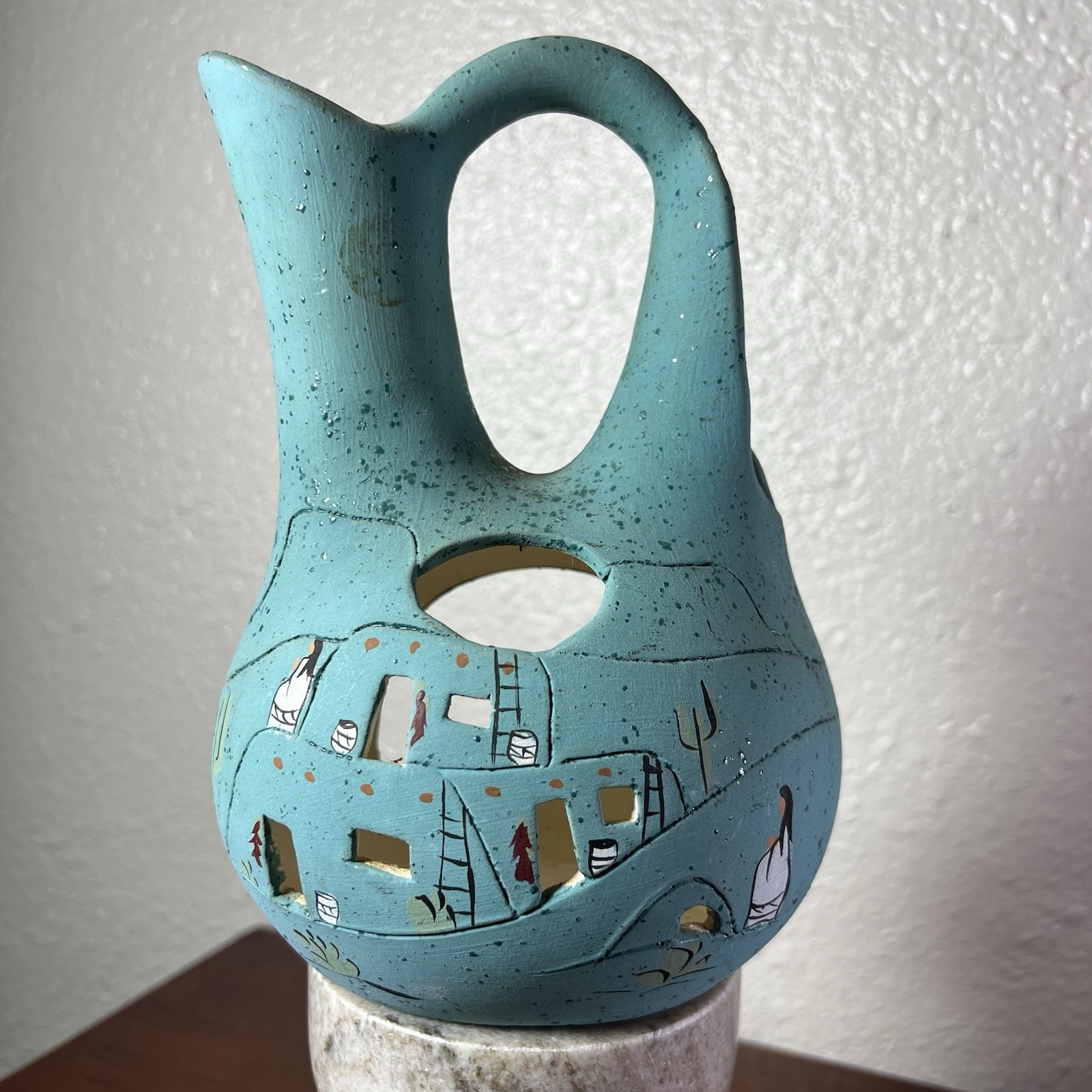 Native American Art Pottery Cut Out  Pitcher Vase Aztec Pueblo Painted
