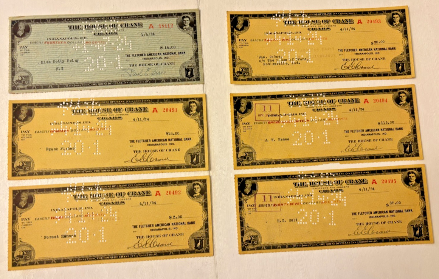 House of Crane 1924 Cigars Checks Antique Vtg Indiana History Paycheck Ephemera