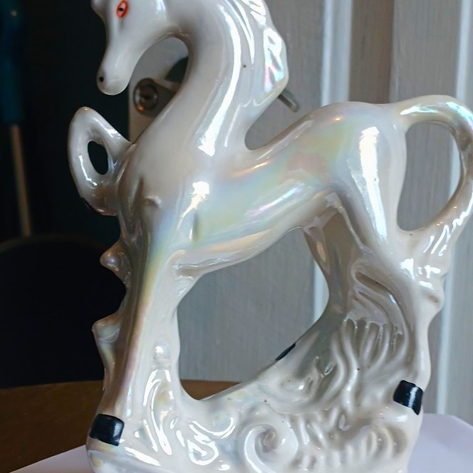 White Iridescent Porcelain Ceramic Rearing Horse Figurine Statue Sculpture