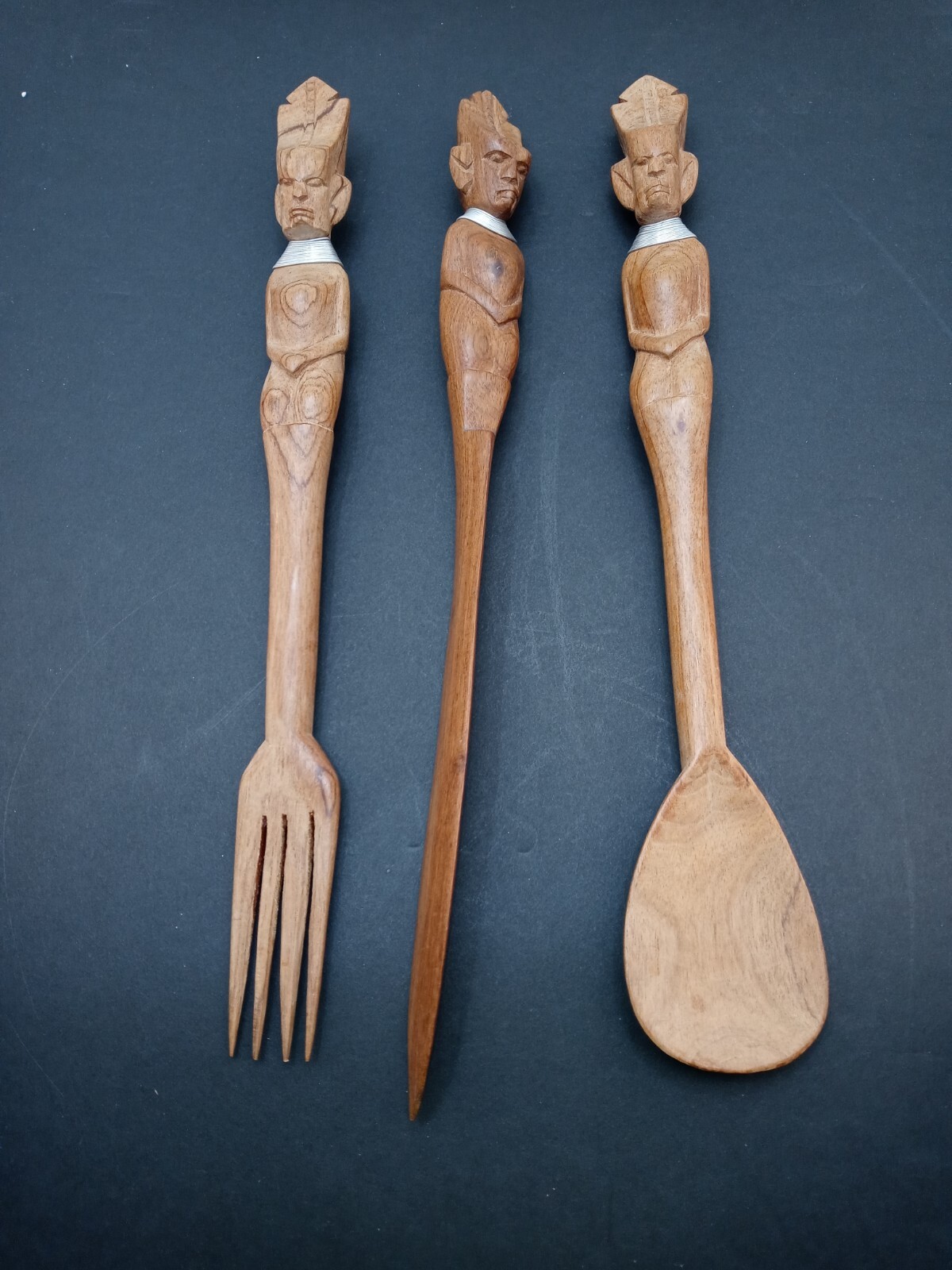 Set of 3 Vintage Ubangi Figures African Wooden Utensils MASAI Kenya Safai Ware