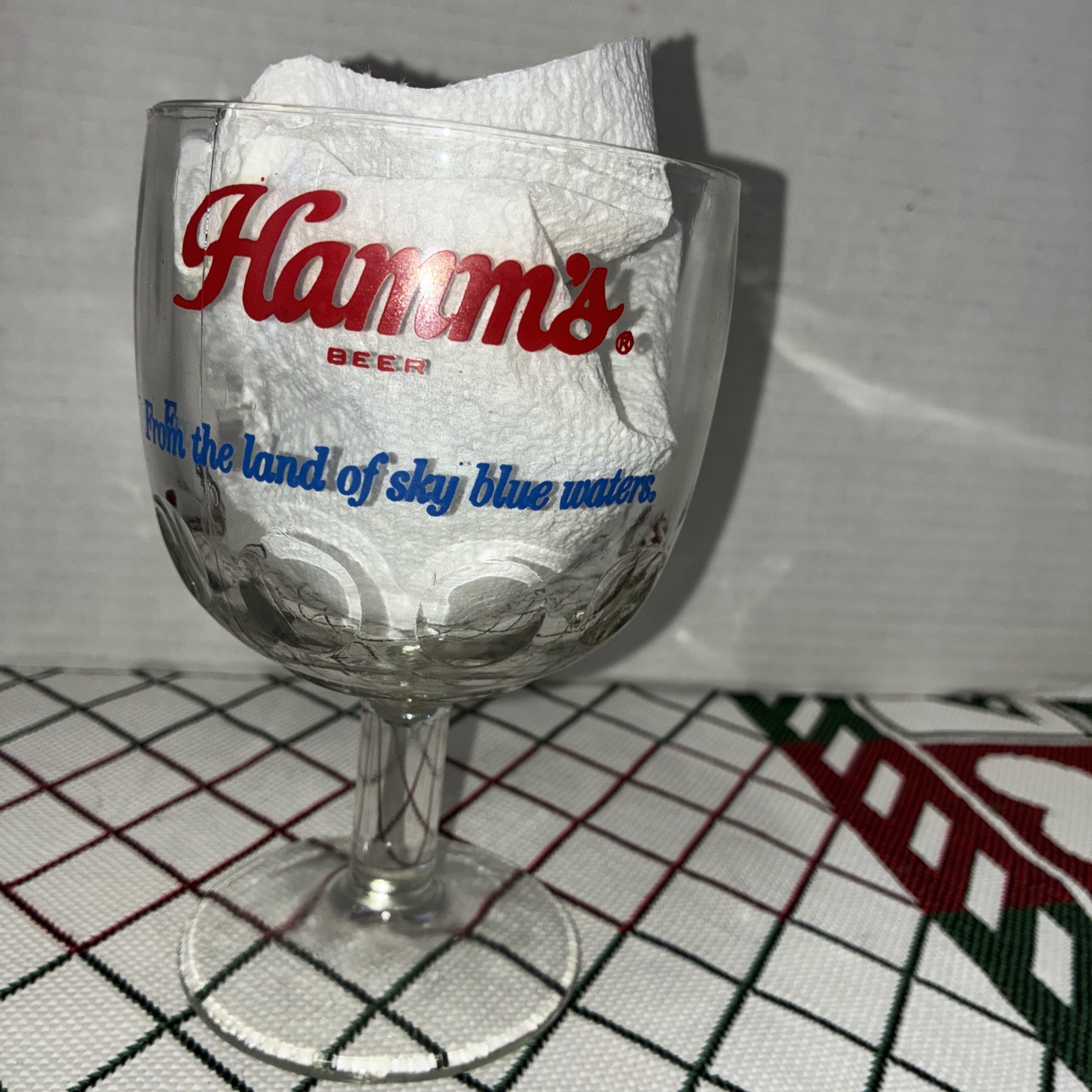Nice Vintage Hamm's Beer Glass Thumbprint Footed Goblet Red/Blue Logo