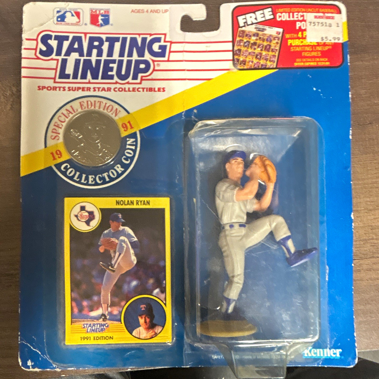 Starting Lineup Nolan Ryan 1991 Edition MLB Baseball Figure w/ Coin & Card
