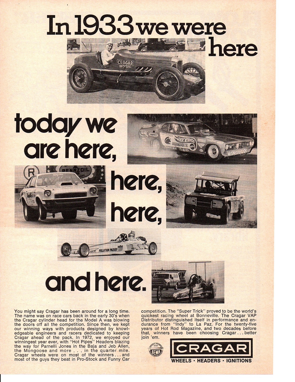 1973 CRAGAR WHEELS / HEADERS ~ ORIGINAL PRINT AD