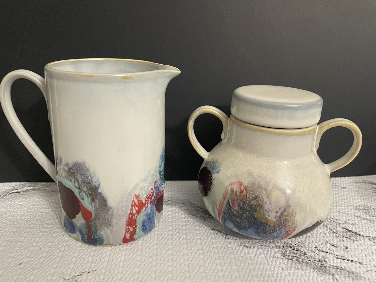 Glazed Pottery Creamer and Sugar Bowl With Lid