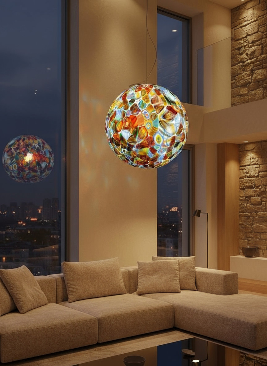 hand made Spherical Murano Art Glass Murrine Pendant lamp, 52cm height (20.5 in)