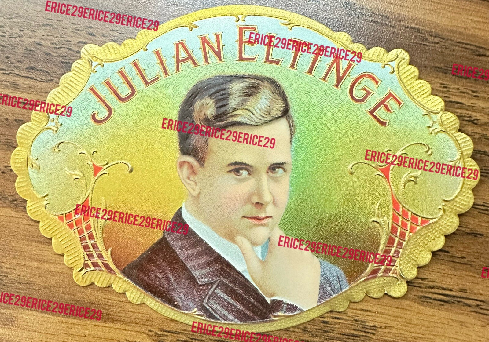 Julian Eltinge Actor (1881 – 1941) Gold Foil Lithograph Die Cut Cigar Box Label