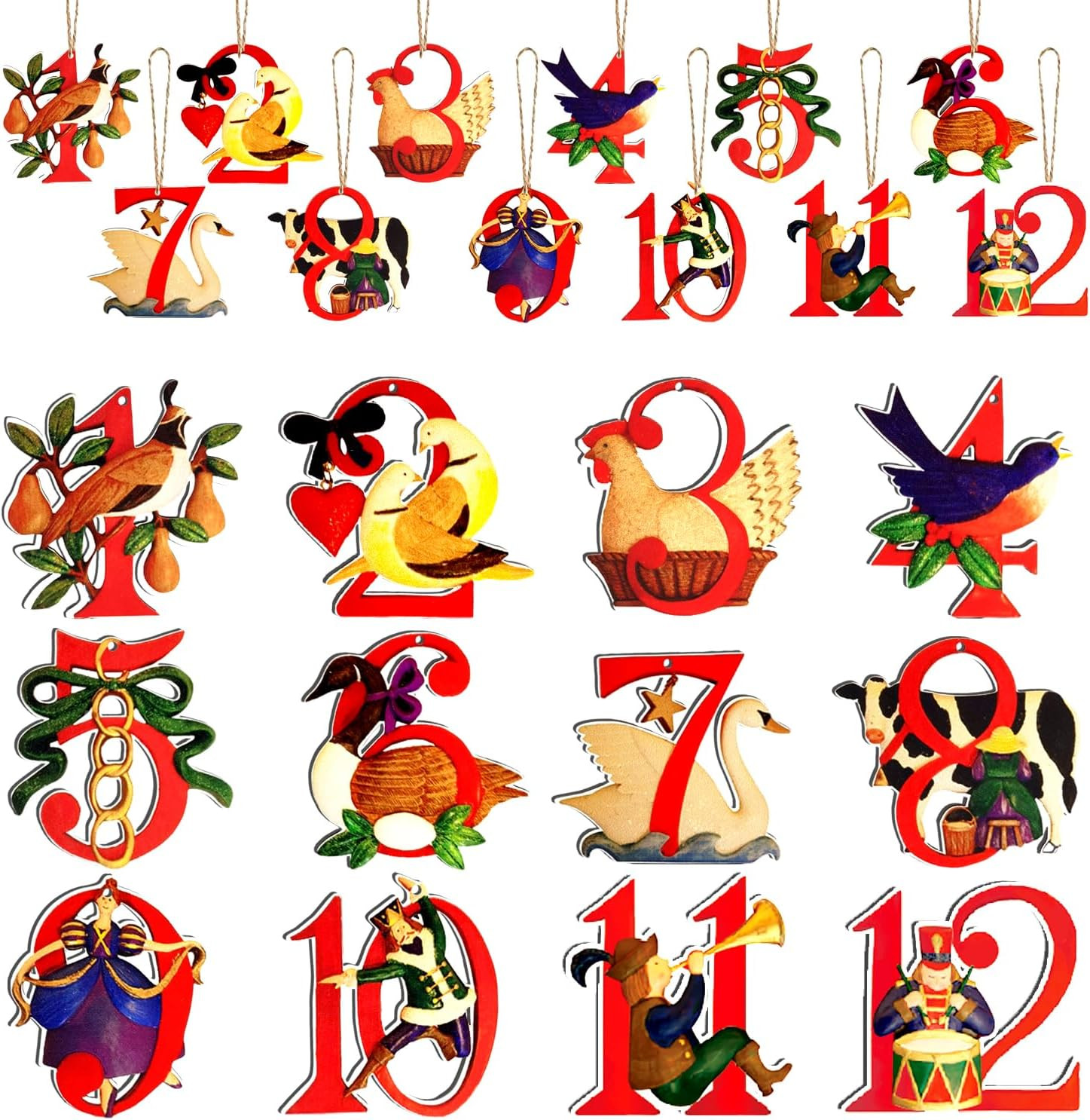 24 Pieces 12 Days of Christmas Ornaments 12-Days of Christmas Wooden Hanging Orn