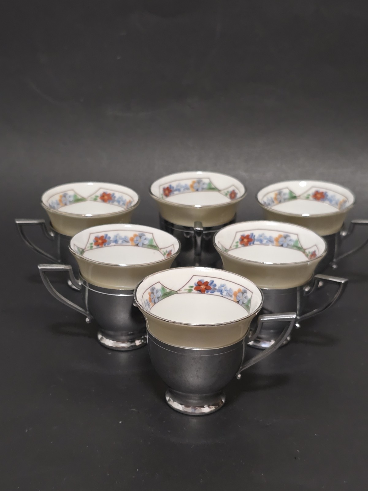 (6) Fraunfelter Royal Rochester Art Deco Floral Demitasse Cups w/Cup Holders
