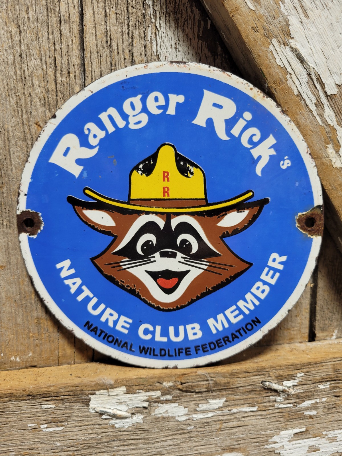 VINTAGE RANGER RICK PORCELAIN SIGN RARE OLD NATURE CLUB MEMBER SMOKEY PARK 6