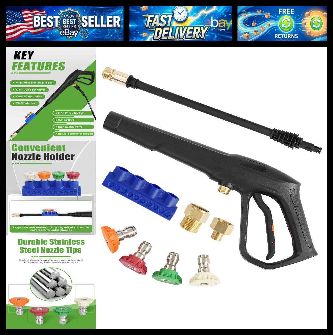 Pressure Washer Gun Set, Max W.P. 2320PSI, B.P. 5000PSI, Replacement for Ryobi P