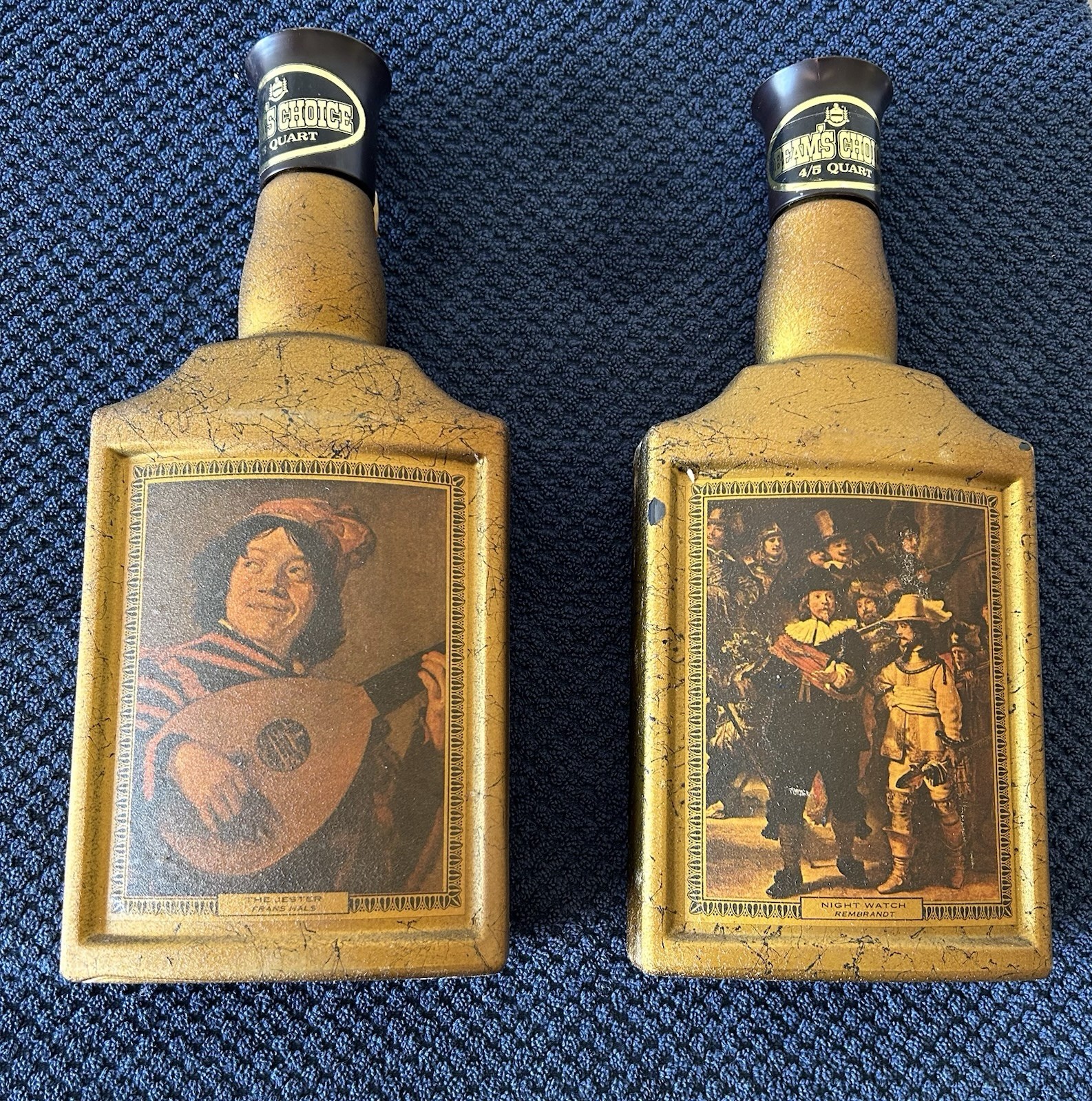 Pair Vintage 1967 Jim Beam Choice Whiskey Bottles Rembrandt Night Watch Jester