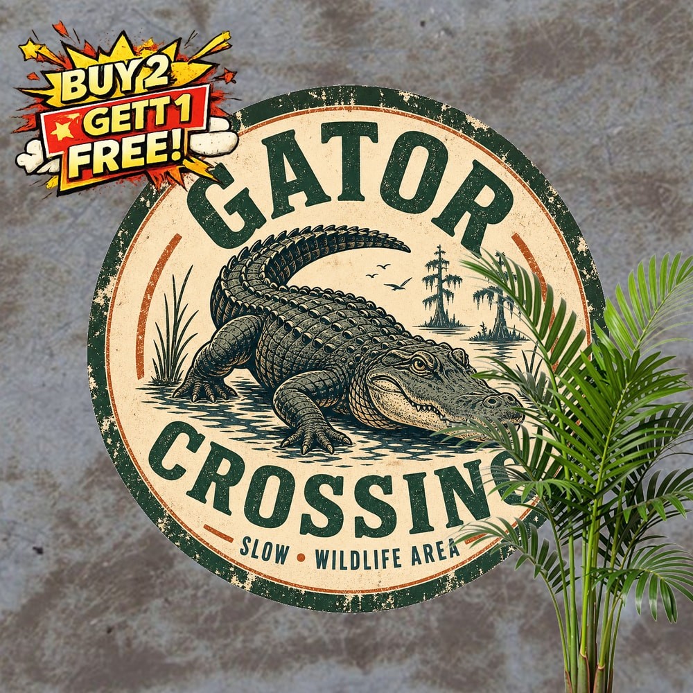 Alligator Crossing Danger Warning Round Metal Sign Weatherproof Decor 8x8