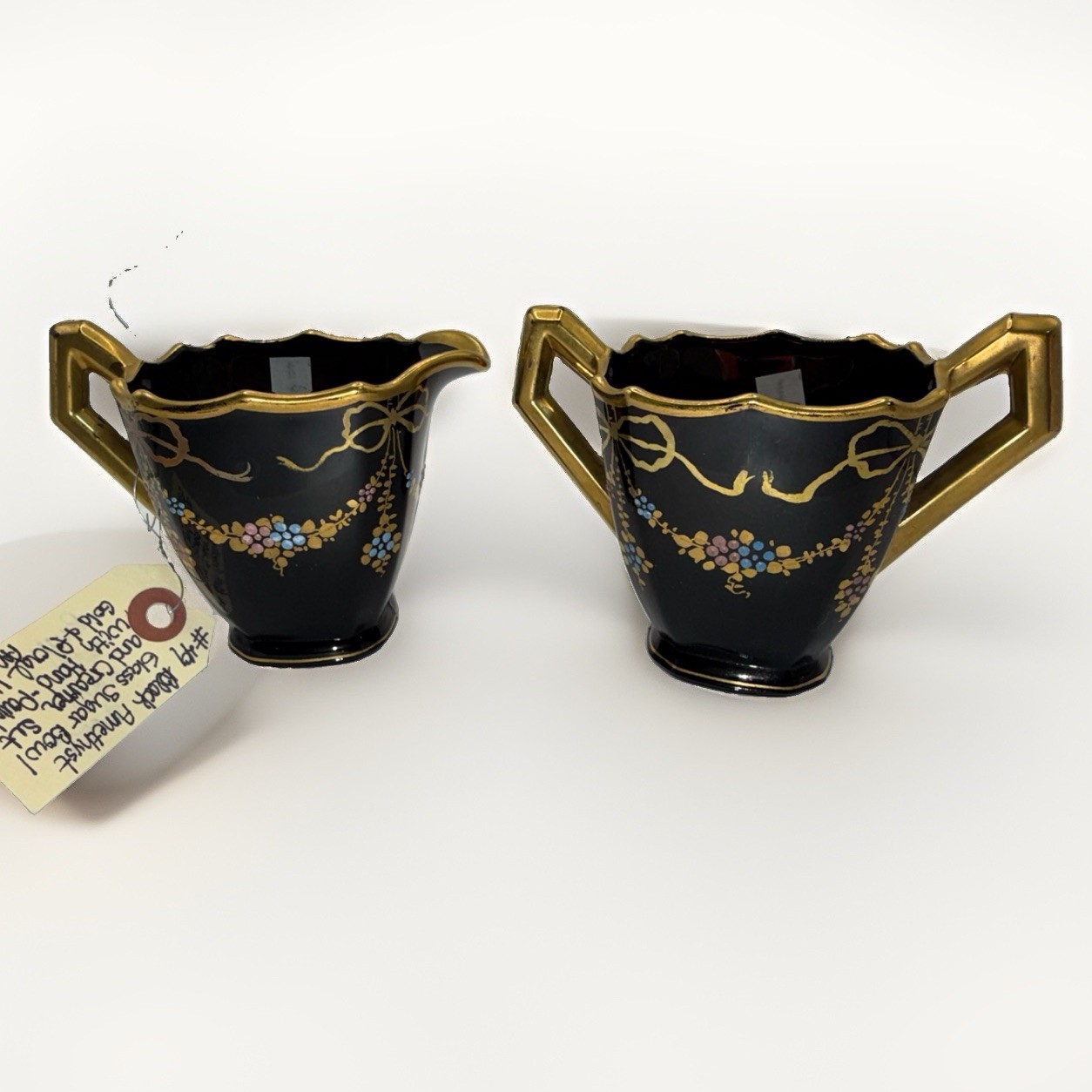 Antique US Glass Black Amethyst Creamer Sugar Set Hand Painted Gold Floral