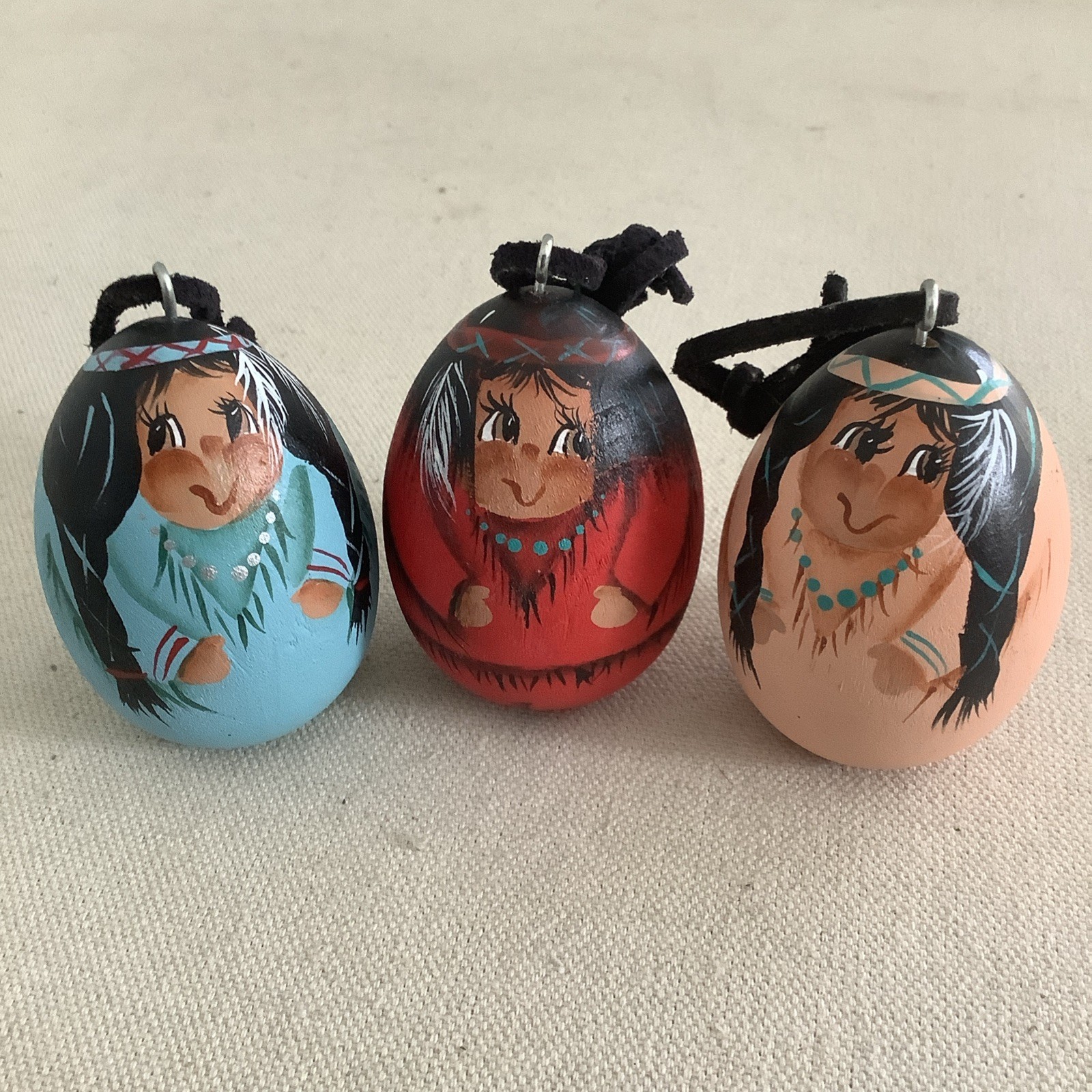 Lot of 3 VTG Hand Painted Wooden Egg Ornaments Native American Folk Art Signed