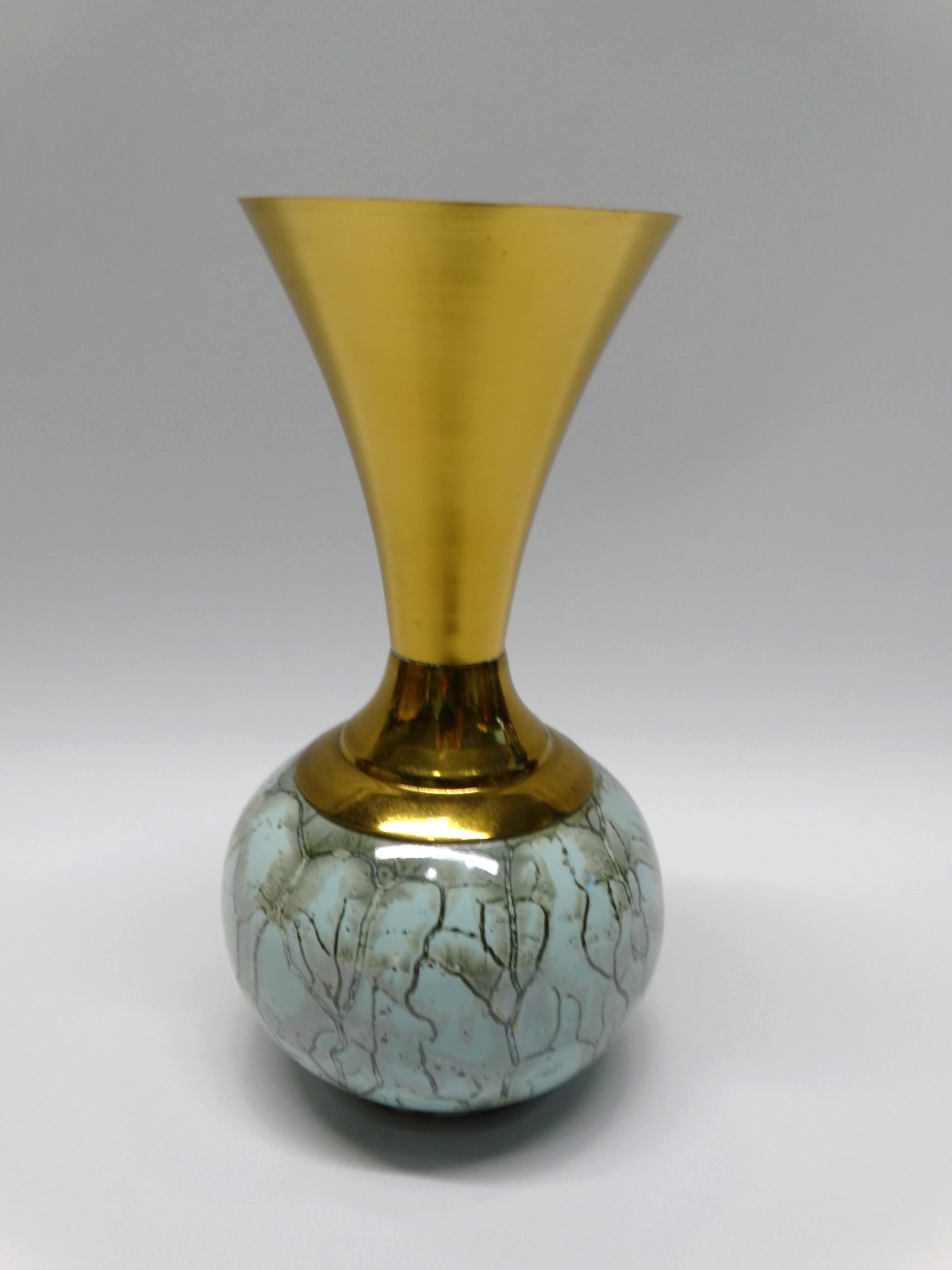 Vtg Delft Holland Bud Vase Brass Hand Painted Porcelain Marbled Turquoise
