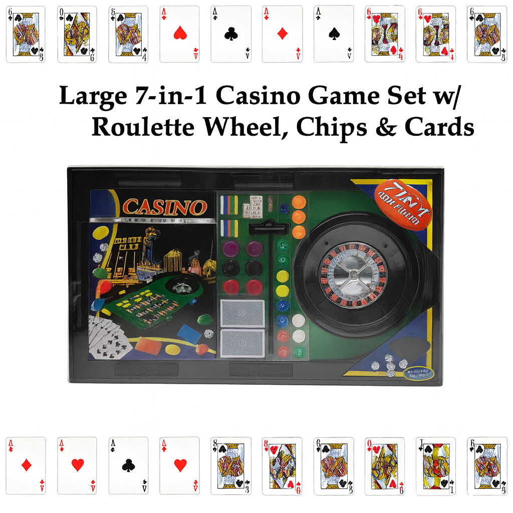 🎲 HIGH STAKES AT HOME – 7-in-1 Casino Game Set w/ Roulette Wheel, Chips & Cards 🎲 HIGH STAKES AT HOME – 7-in-1 Casino Game Set w/ Roulette Wheel, Chips & Cards