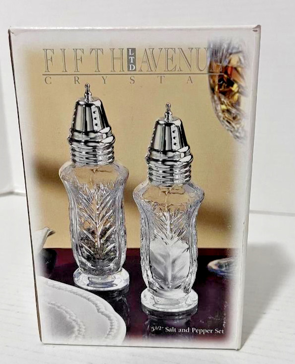 Vintage Fifth Avenue 24% Lead Crystal Salt Pepper Shakers Silverplate Top NOS