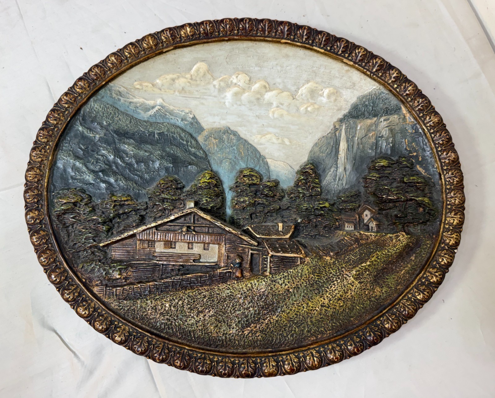 antique 1800's Wilhelm Schiller Sohn oil terracotta wall plate plaque sculpture