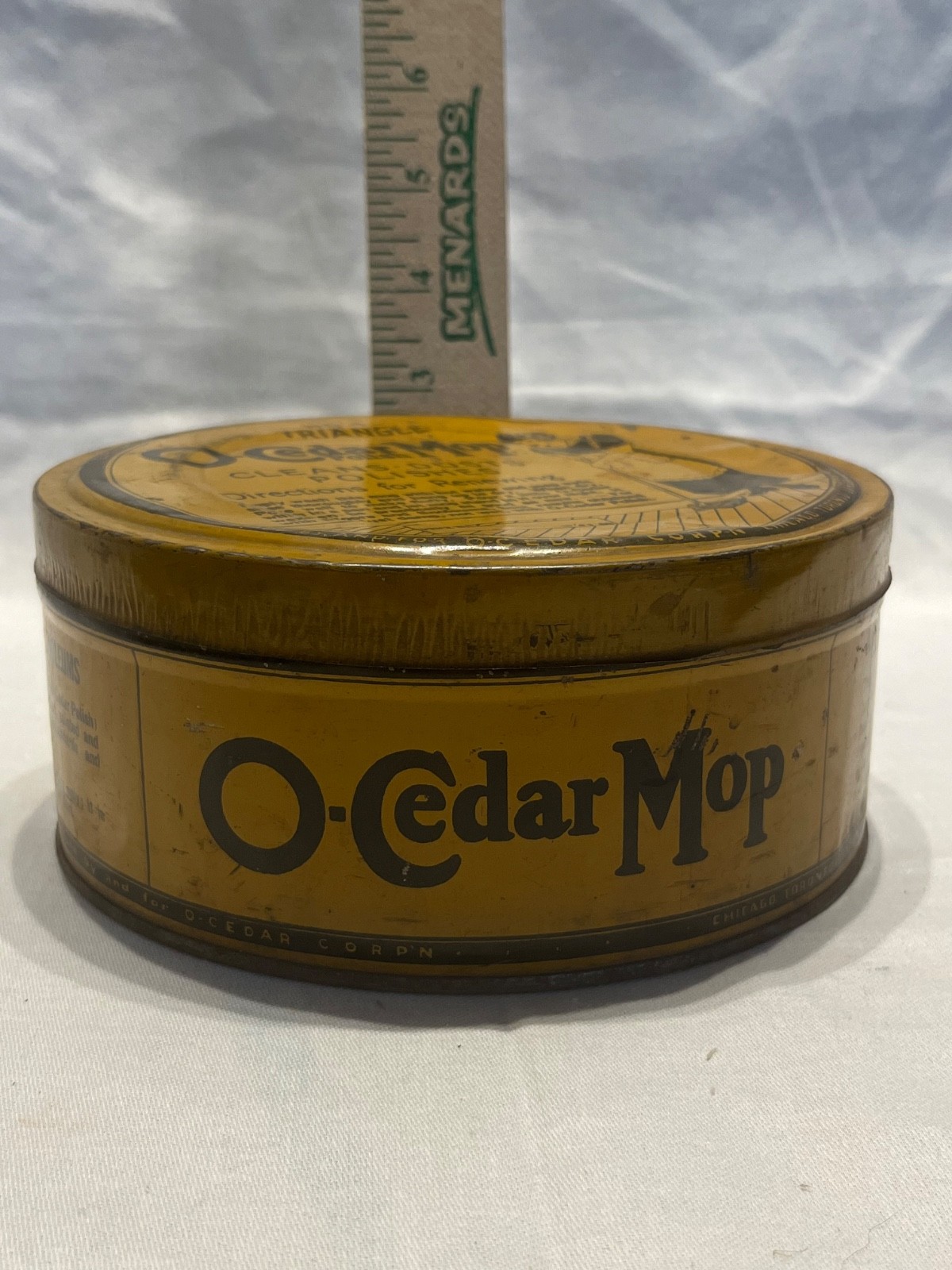 Vtg 1921 O-Cedar Mop Tin No 4 Triangle Litho Advertising Canister Polish Round Vtg 1921 O-Cedar Mop Tin No 4 Triangle Litho Advertising Canister Polish Round