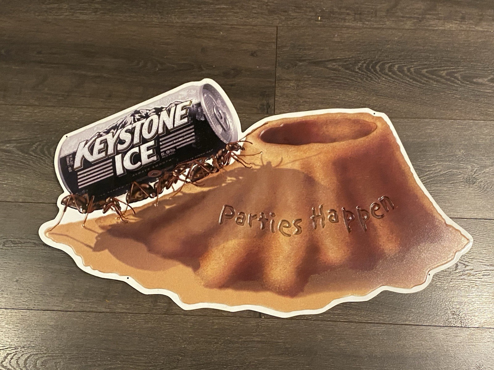 Vintage Keystone Ice Beer Sign Ant Hill Graphic “Parties Happen” Embossed Metal