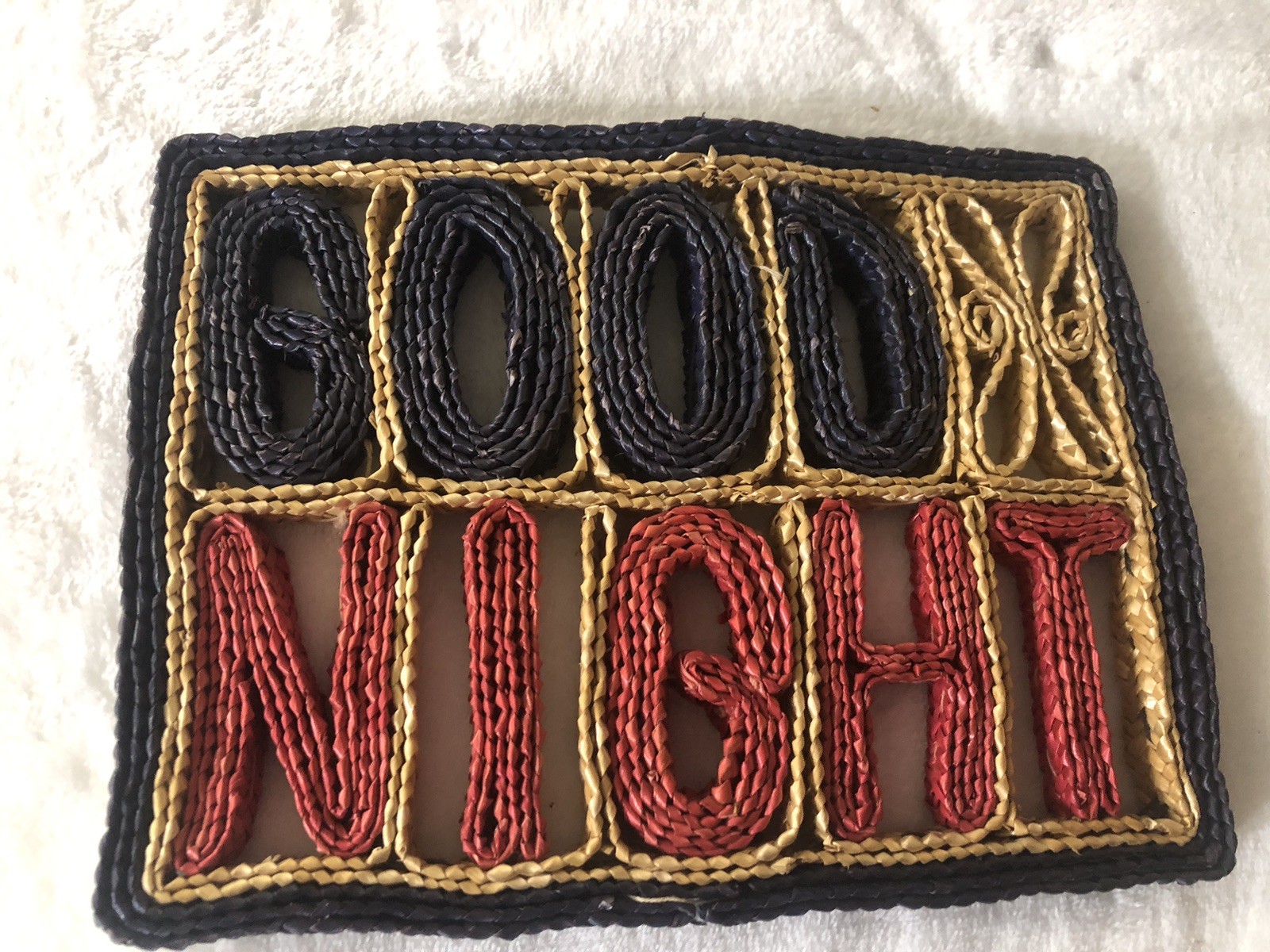 Vintage Woven Straw Rattan Hot Pad/Mat GOOD NIGHT 8 x 6 RARE