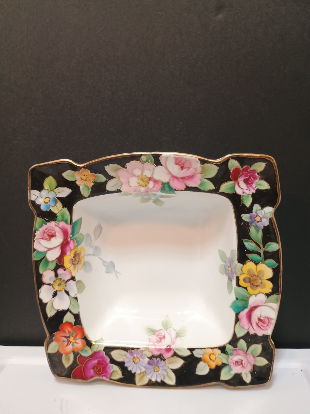 Vtg Japanese Nippon Moriage Hand Painted Porcelain Square Bowl Floral  7 Inch