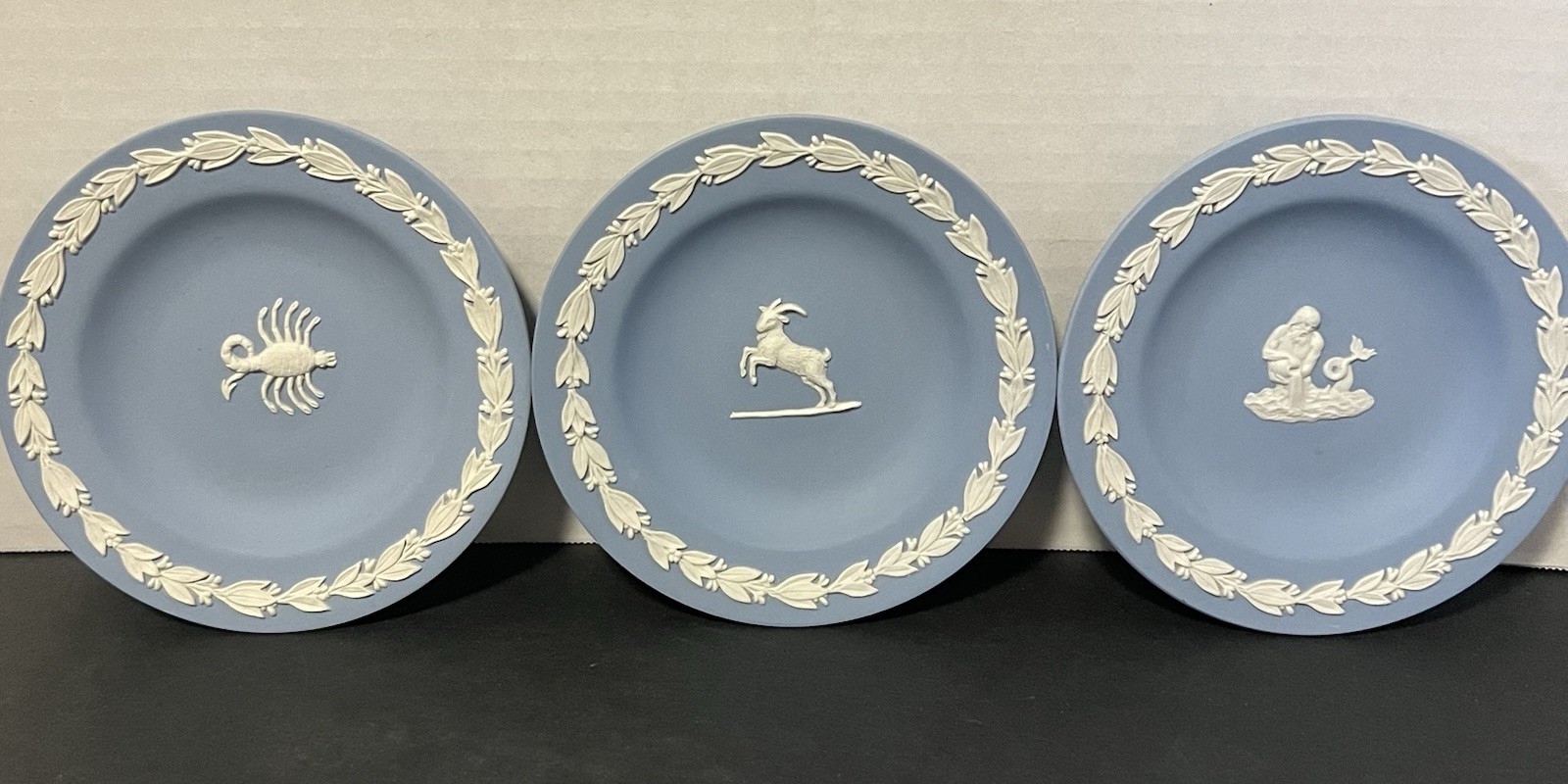 Set of 3 Wedgwood Blue Jasperware Matte White Cameo Relief 4.5”D