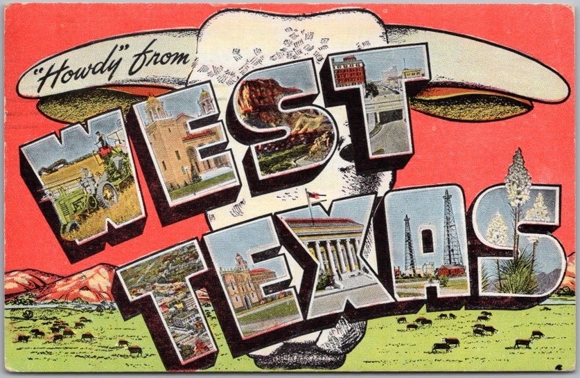 c1940s WEST TEXAS Large Letter Greetings Postcard Cow Skull / Kropp Linen Unused