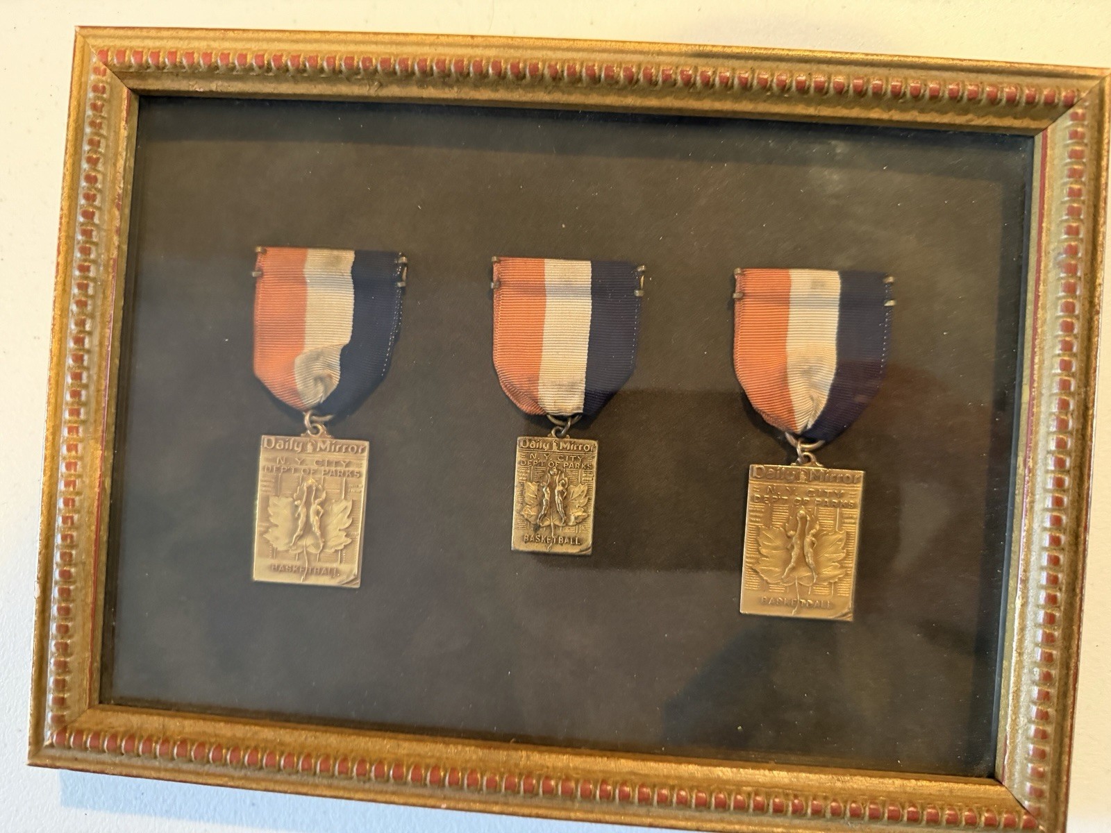 Vintage Daily Mirror NYC Dept of Parks Basketball Medals Framed Set of 3