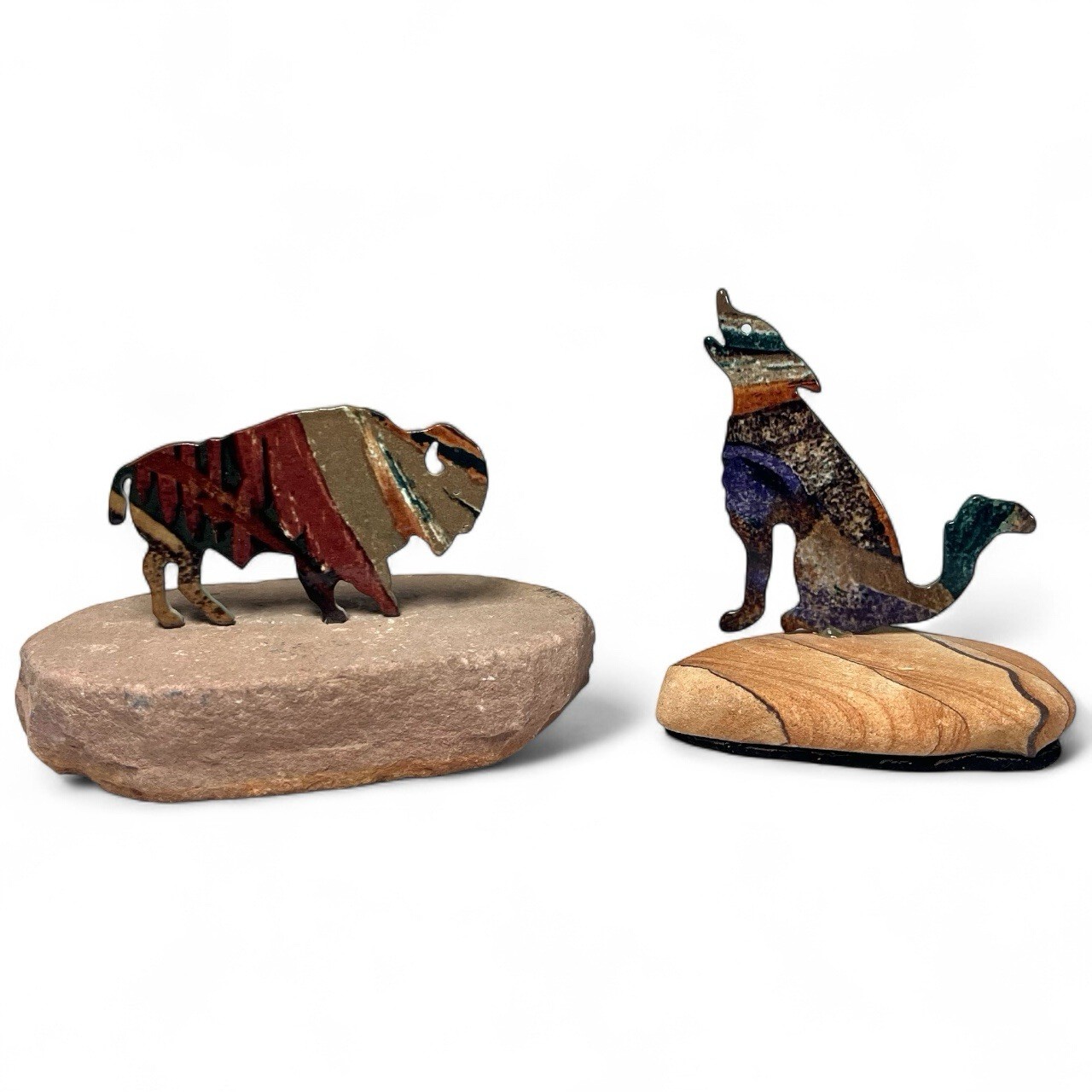 LaZart Metal Art Set of 2 Buffalo Coyote Sculptures on Sandstone Mount Southwest