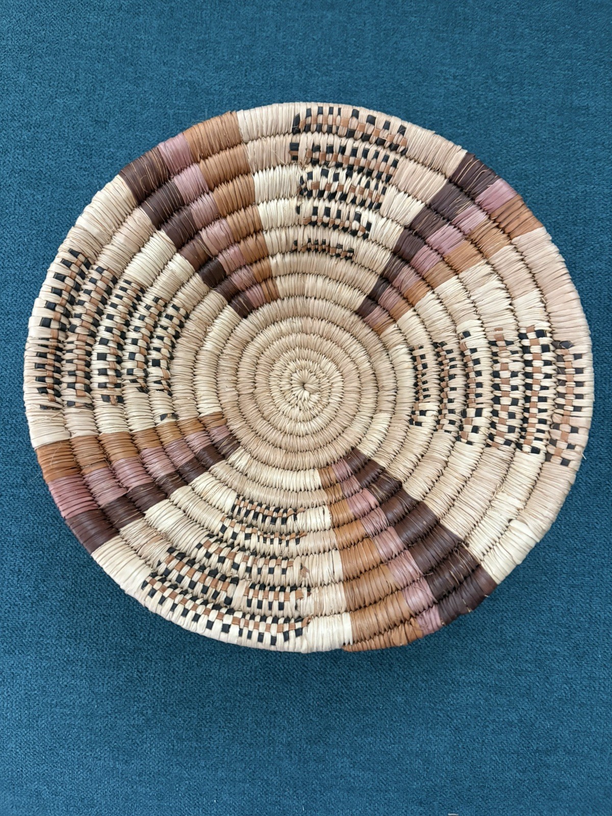 Vintage Hand Woven Coil Coiled Basket Round Ethnic Tribal Folk Art
