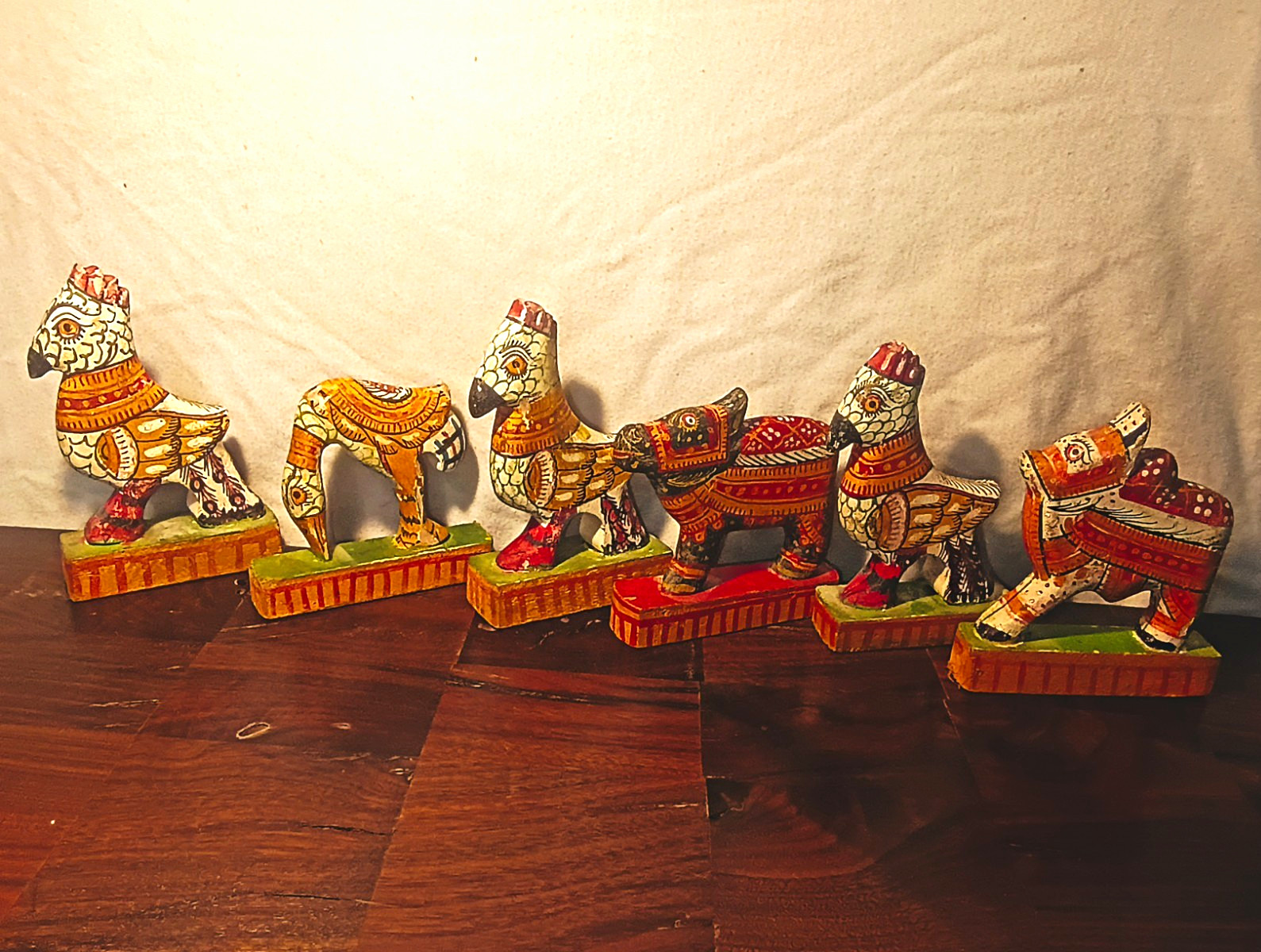 Vintage Brimful House India Hand Carved Painted Wood Folk Art Animals Lot of 6