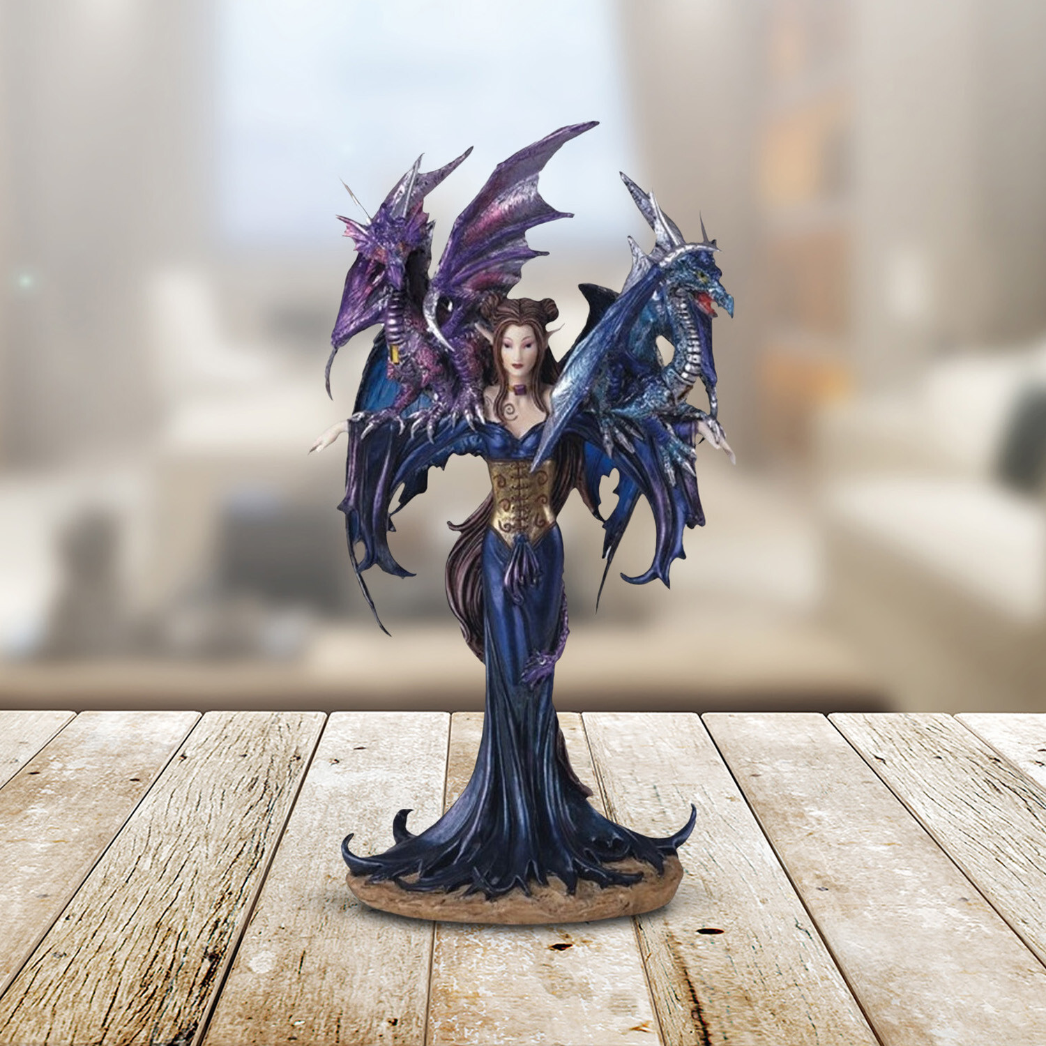 Fairy w/Clear Wings and Two Dragons Statue 10.25\