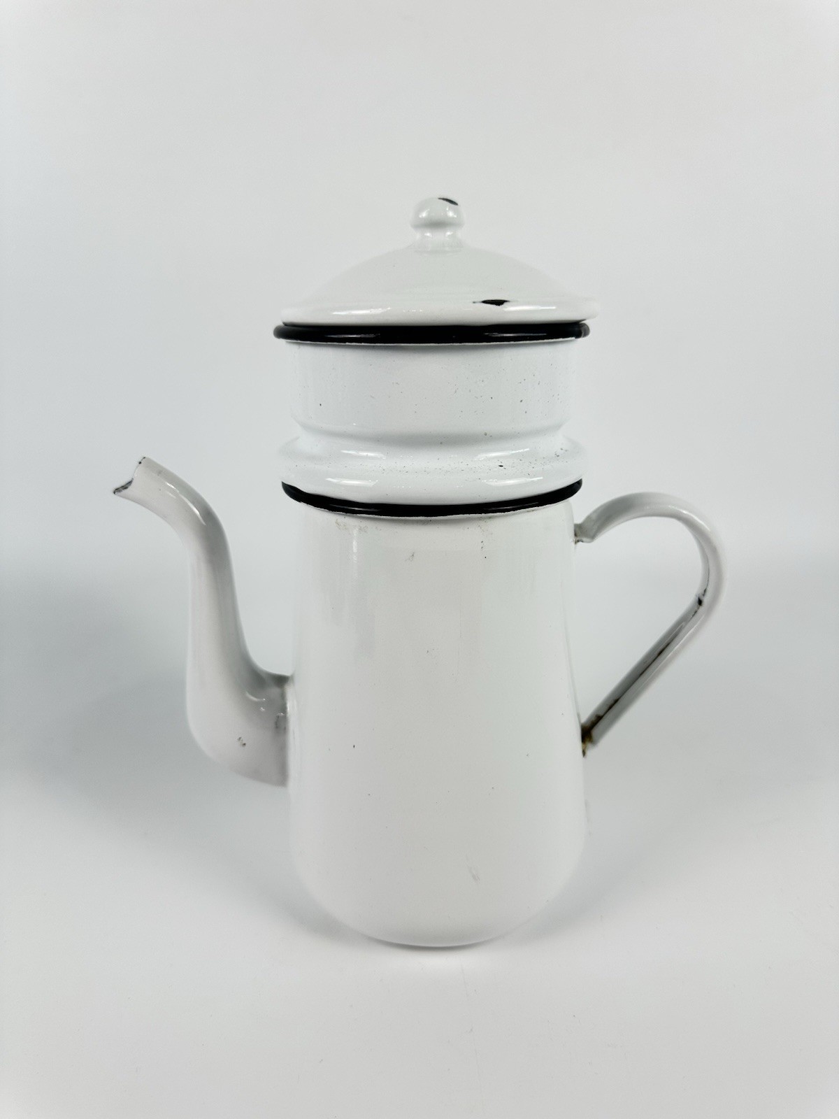 Vintage Biggin French Drip Coffee Pot White Enamel Black Trim Japan 8.5”