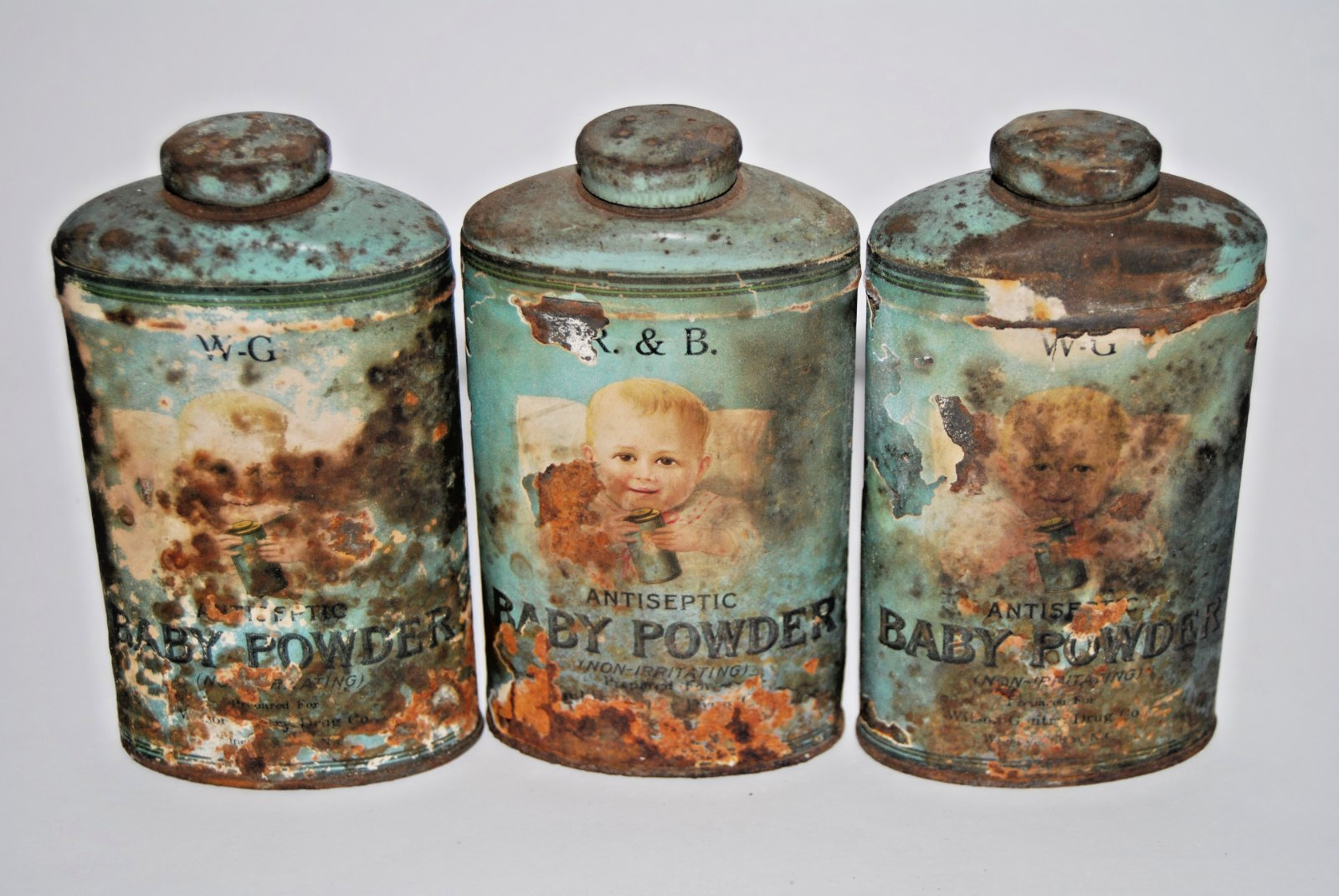 Vintage Antique Baby Powder Tins Lot 3 W-G R&B Talcum Can Rust Shabby Chic FULL