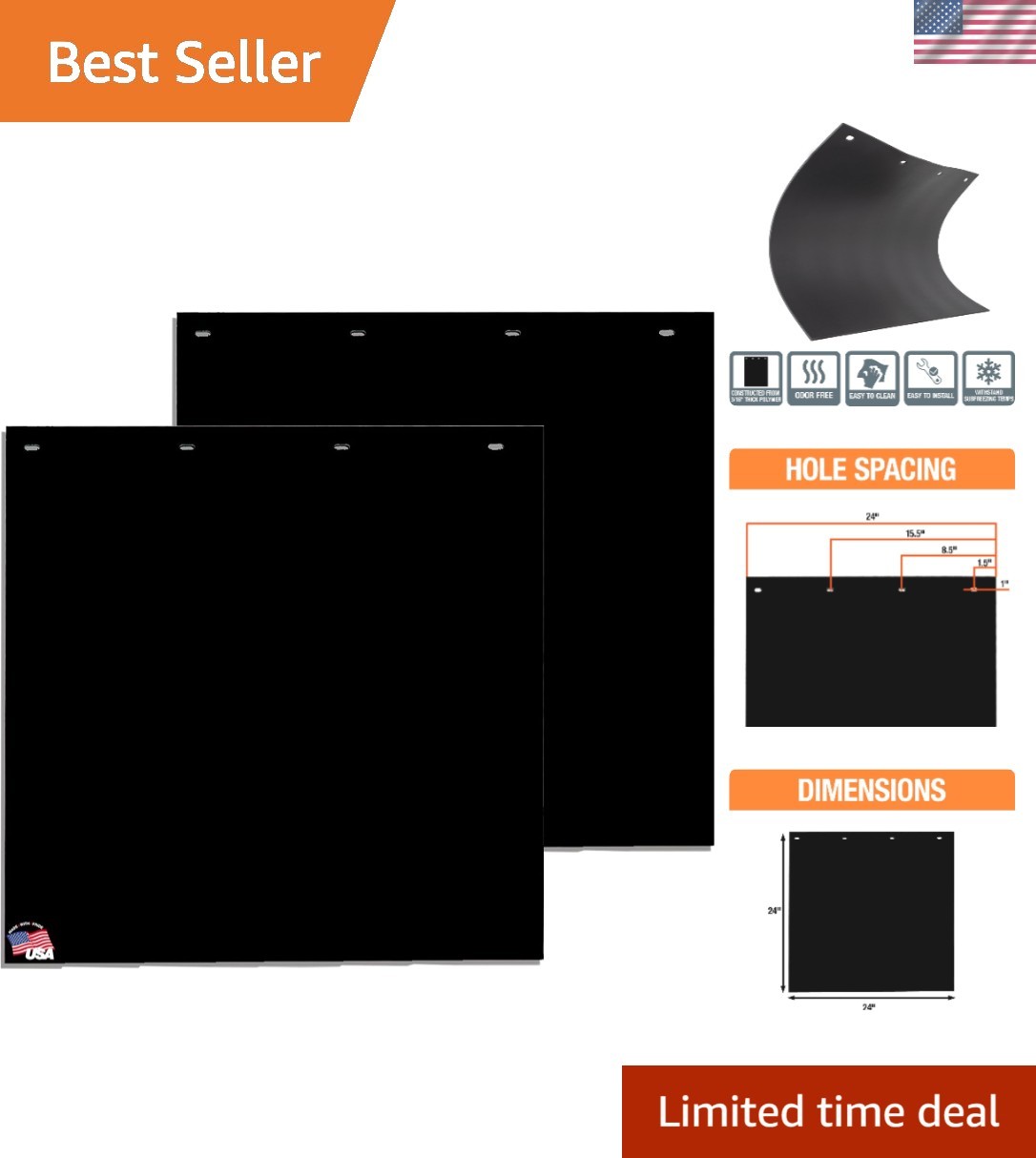 Durable 24x24 Inch Black Polymer Mud Flaps for Trucks & Trailers - 2 Pack