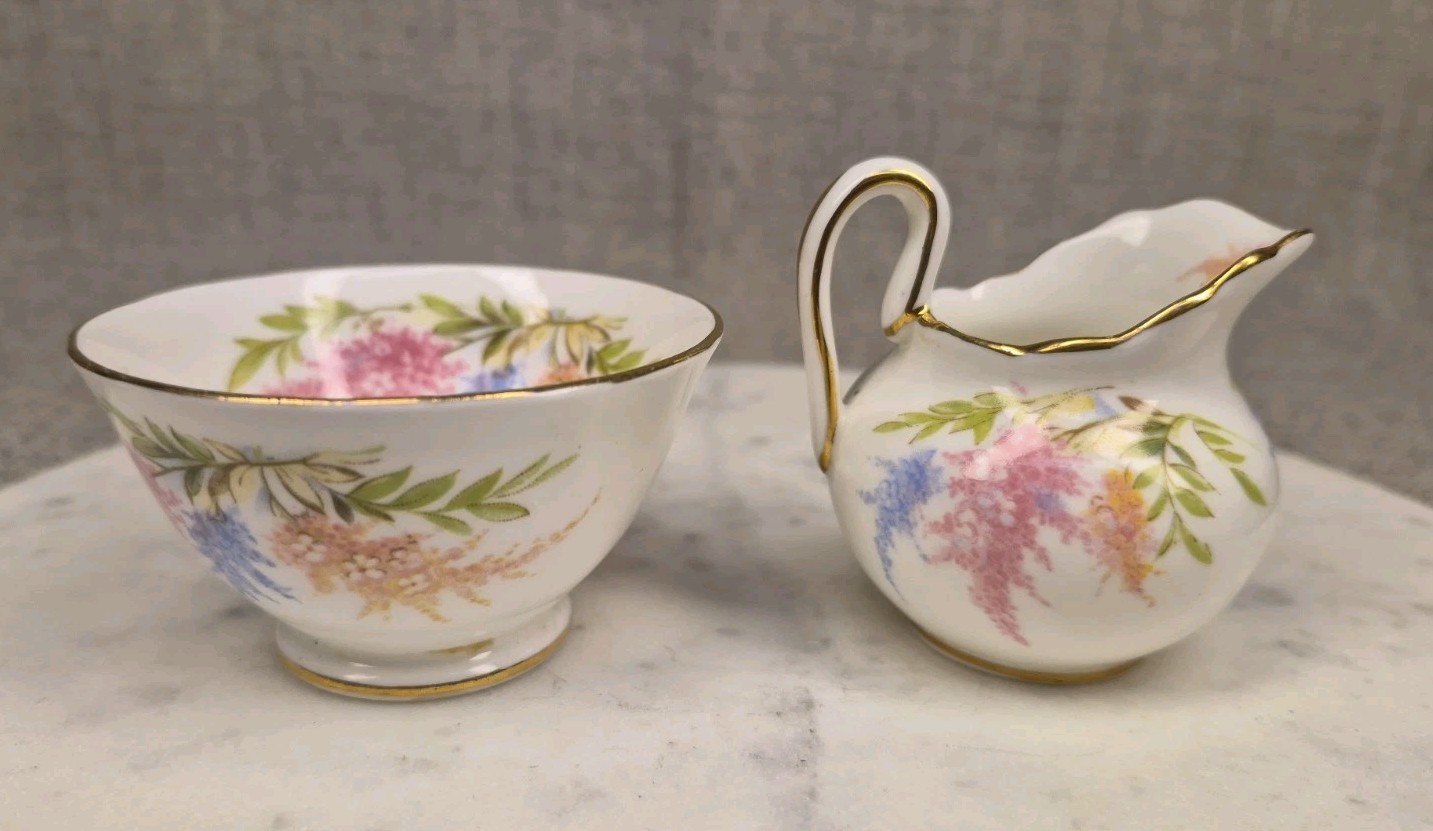 Vtg Royal Chelsea English Bone China Pitcher Sugar & Creamer Set Astilbe Floral